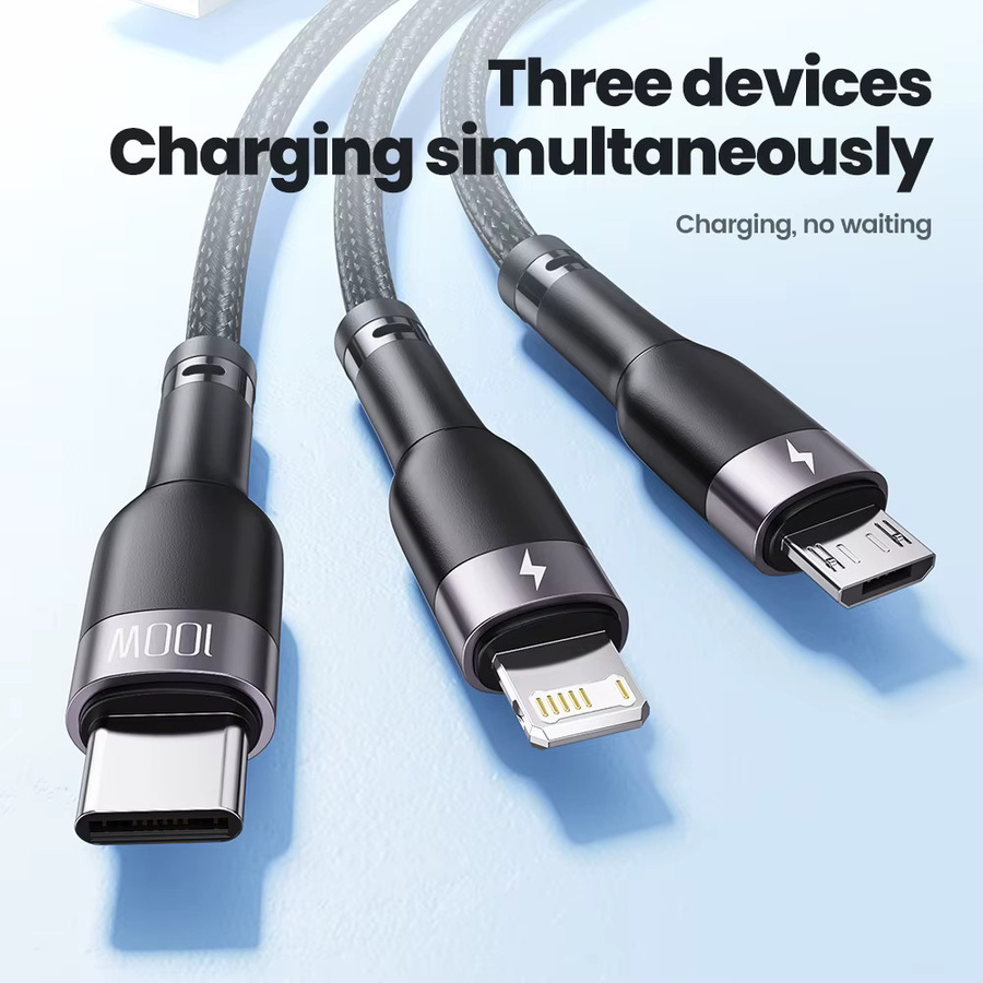 Toocki 3-in-1 Schnellladekabel mit USB-C und Micro-USB für iPhone, Huawei, Xiaomi und Oppo, 66W, 6A, Schwarz/Grau - Bild 2