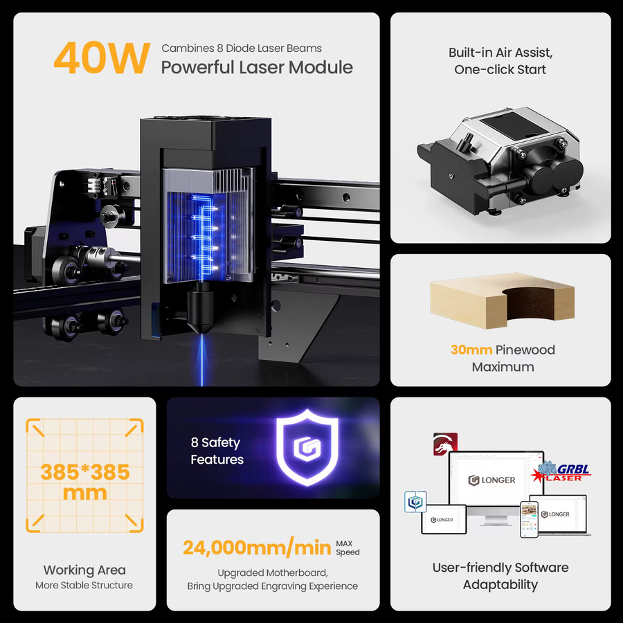 LONGER RAY5 40W Lasergravur-Schneidemaschine mit Auto-Luftpumpe, 3,5 Zoll Smart Touchscreen und WIFI, Farbe: Schwarz, Arbeitsbereich: 38,5 x 38,5 cm - Bild 2