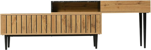 okwish TV Schrank im Industrial Design mit Marmor-Optik und Holzmaserung in Natur, B/T/H: 129 x 36,5 x 58 cm - Bild 1