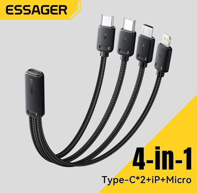 Essager 4-in-1 Schnelllade-Reisekabel in Schwarz mit USB-C-Buchse, 2 Typ-C- und Mikro-USB- sowie Lightning-Adaptern - Bild 1