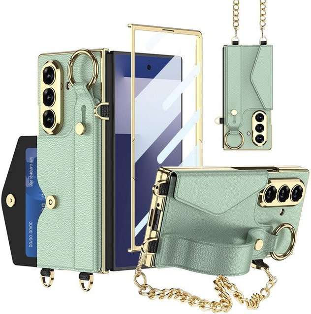 Goldene Leder-Schutzhülle mit Armband und Kartensteckplatz für Samsung Galaxy Z Fold7 und Z Fold6 - Bild 1