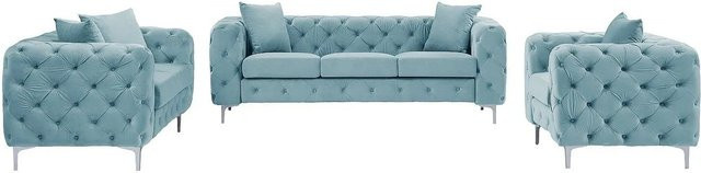 Vente-unique Couchgarnitur Edwina Chesterfield aus Samt in Hellblau bestehend aus 3-Sitzer, 2-Sitzer und Sessel B/T/H: 220 x 162 x 106 cm - Bild 1