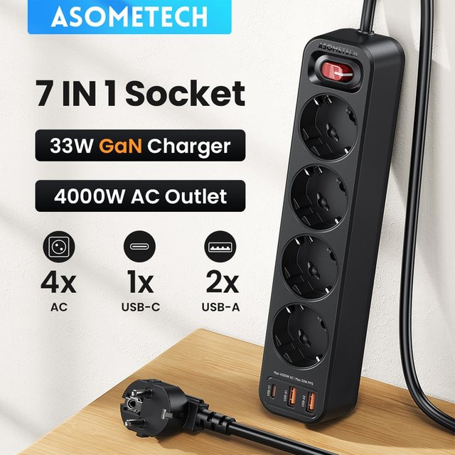 Asometech Multi-Steckdose mit 1,5 m Verlängerungskabel, Netzwerkfilter und 3 USB PD 33W PPS Schnellladeanschlüssen, Schwarz - Bild 1