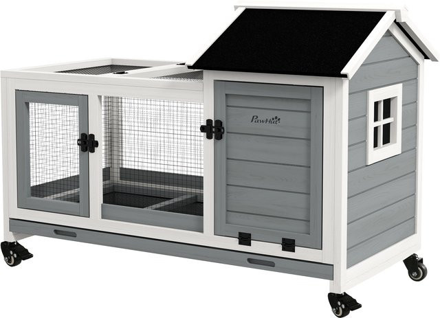 PawHut Zwergkaninchenstall aus Holz mit Freilaufgehege und Rädern, Grau, B/T/H: 108 x 58 x 73,5 cm - Bild 1
