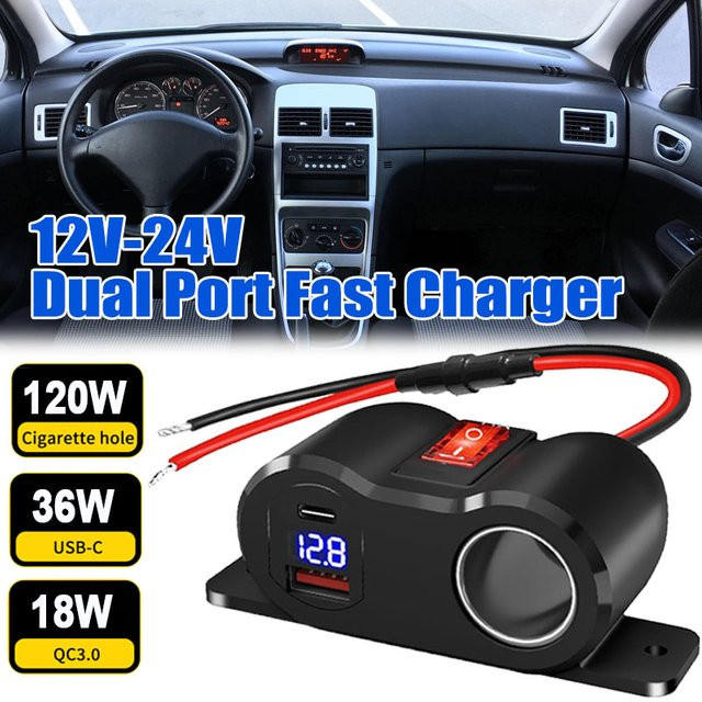 Autotelefon-Ladegerät-Adapter mit PD QC3.0-Buchse und Voltmeter-Ein/Aus-Schalter, 120 W Schnellladung für 12/24 V, Schwarz - Bild 1