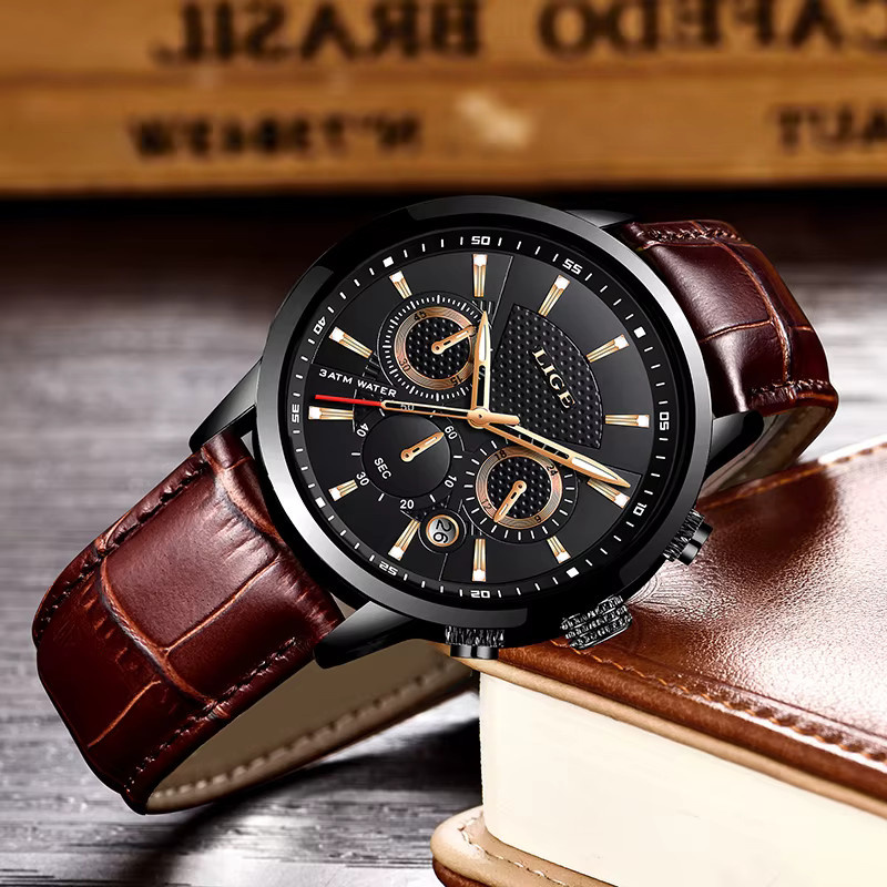 LIGE Chronograph, Quarz, Leder, Schwarz, Herren - Bild 3