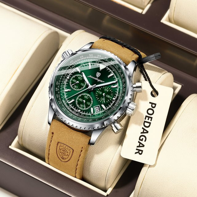 POEDAGAR Chronograph, Quarz, Leder, Herren, Grün, Silber - Bild 1