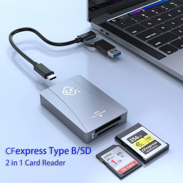 2-in-1 CFexpress Typ A und Typ B SD-Kartenleser mit USB-C-Anschluss und Speicherkartenadapter in Grau für Android, Windows und OS - Bild 1