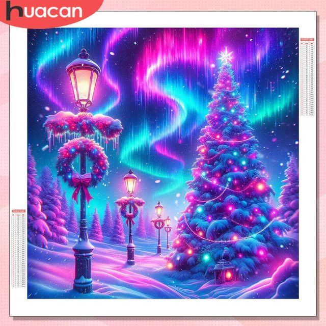 HUACAN Diamantmalerei Weihnachtsbaum Winter Landschaft als Wanddeko Set mit bunten Full Round Strasssteinen - Bild 1