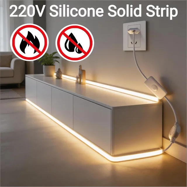 AIMENGTE Flexibler Silikon COB LED-Streifen 220V Wasserdicht mit Schalter und 3 Farbtemperaturen für moderne Heim-Dekoration in Weiß - Bild 1