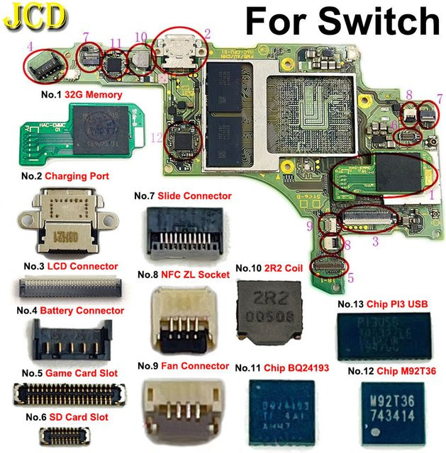 JCD Ersatzteil Set für Nintendo Switch mit USB-C Ladeport, 32G Speicher, Slide Karte Slot und LCD FPC Stecker - Bild 1
