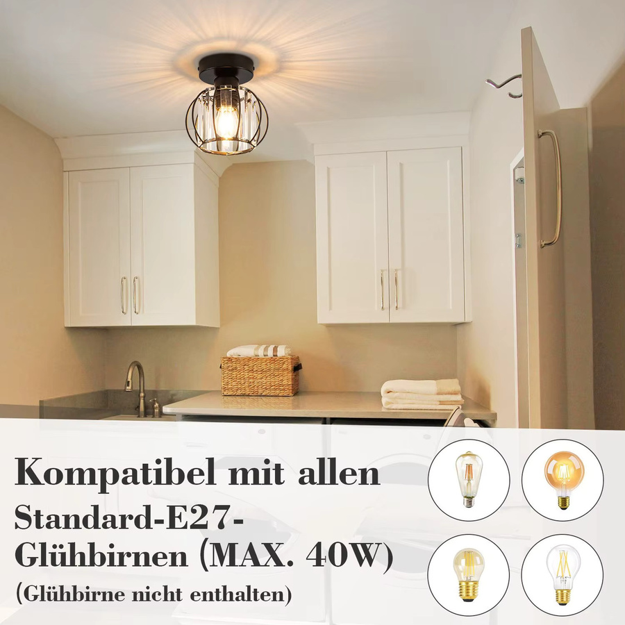 Cliheet Kristall-Deckenleuchte in Schwarz, ovale Vintage-Pendelleuchte aus Metall mit E27-Fassung für Wohnzimmer, Küche oder Flur - Bild 2