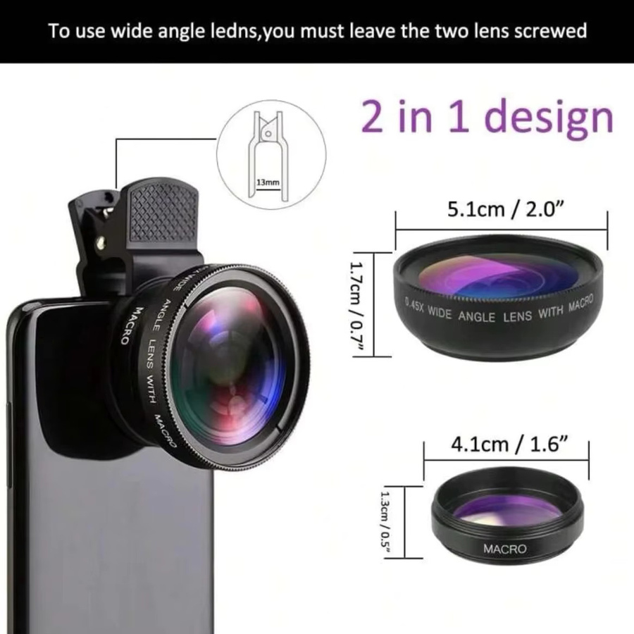 2-in-1 Clip-On Handy-Kameraobjektiv-Set in Schwarz mit Superweitwinkel- und Makro-HD-Objektiv (37 mm, 0,45x/49 UV) - Bild 3