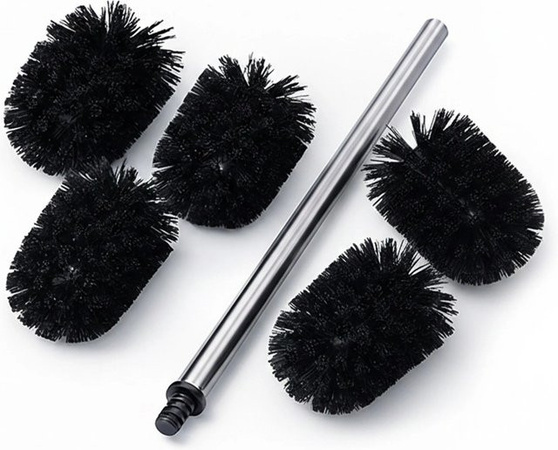Relaxdays WC Bürste aus Edelstahl in Schwarz mit 5 Bürstenköpfen, Höhe: 35,5 cm, Durchmesser: 8 cm