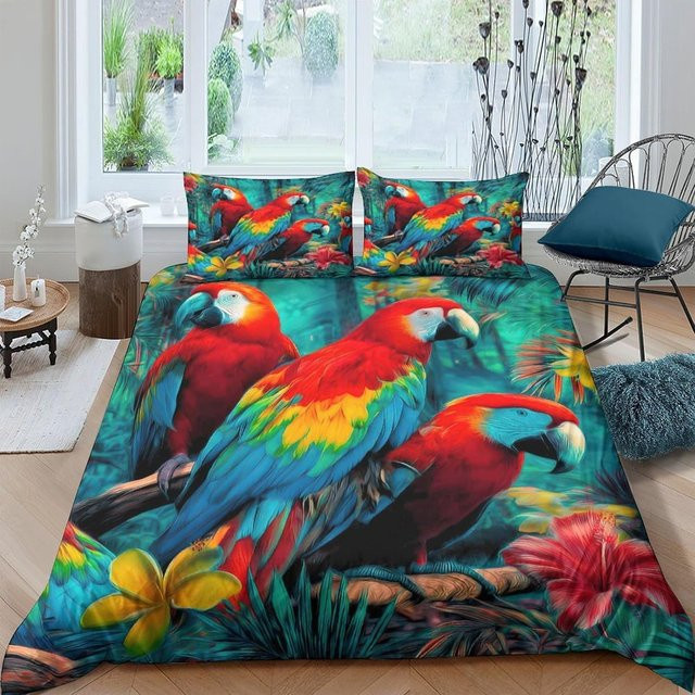 Flylo Bettwäsche Set mit Papageien-Motiv, buntes 3-teiliges Set aus Mikrofaser mit Bettbezug und Kissenbezügen, B/H: 135 x 200 cm - Bild 1