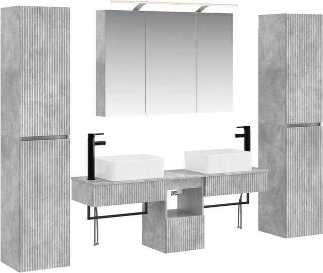 vidaXL Badezimmermöbel-Set 6-teilig in Betongrau mit Glasfronten und LED-Beleuchtung - Bild 1
