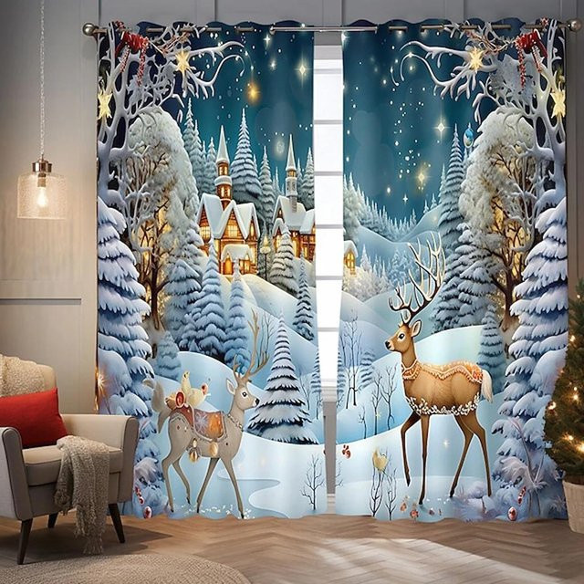 2er-Set Weihnachtsvorhang mit Schneenacht-3D-Druck in Blau zur Verdunkelung für Schlafzimmer und Wohnzimmer, B: 50 cm, H: 60 cm - Bild 1