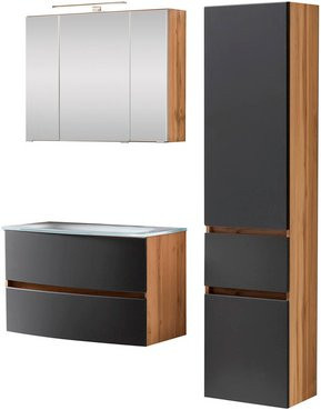 HELD MÖBEL Waschtisch-Set KOPENHAGEN, 6-teilig, grau, modern, wandmontiert mit LED-Beleuchtung und Steckdose - Bild 1