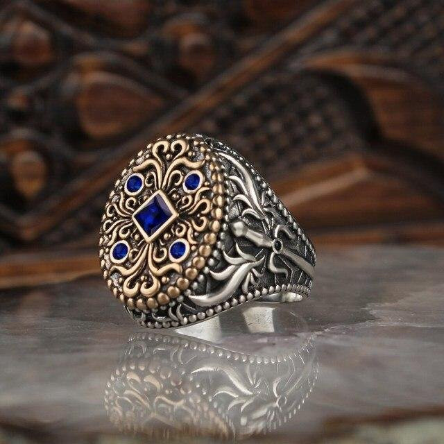 Ring Türkisperlen, Silber, Zirkonia, Unisex, Vintage - Bild 1