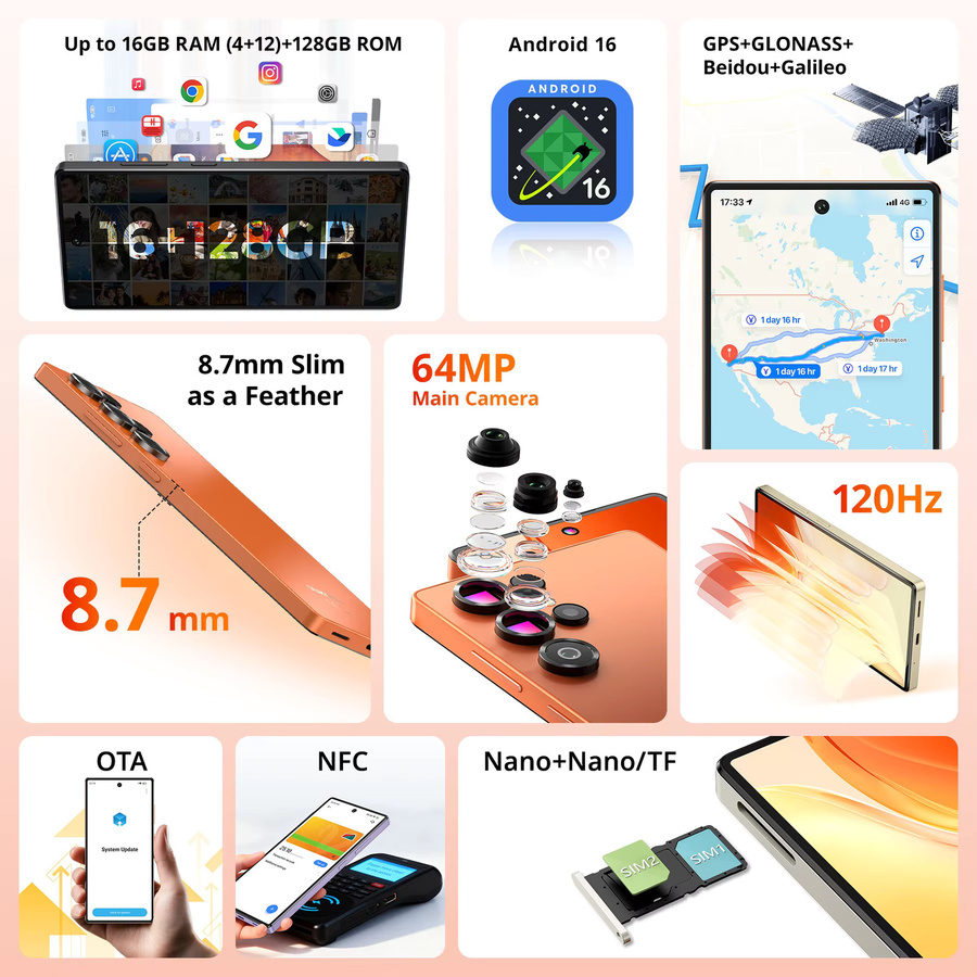 OUKITEL C66 Smartphone mit 6,73 Zoll Display, Android 16, 128 GB Speicher, 16 GB RAM, Farbe: Purple - Bild 5