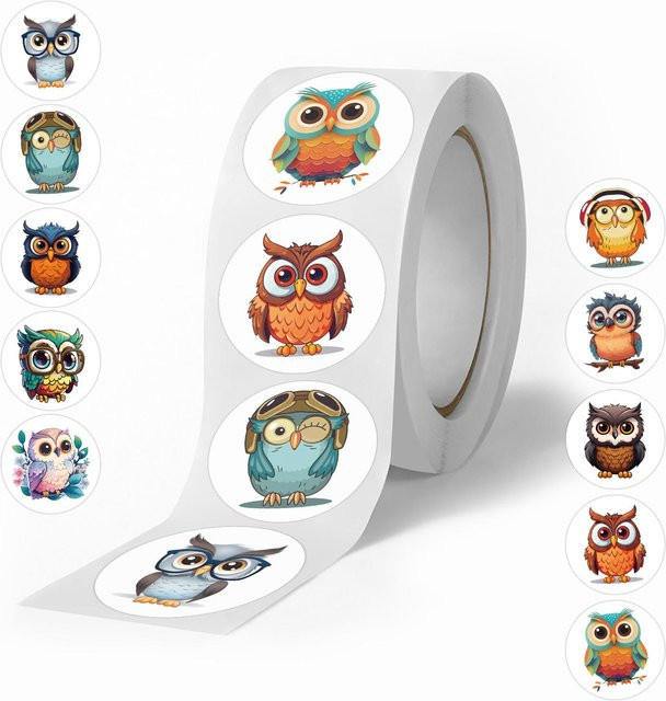 Dekoratives Rollenklebeband mit Cartoon Eulen Motiv in Mehrfarbig für Koffer und Handyhüllen, 500 Aufkleber pro Rolle - Bild 1