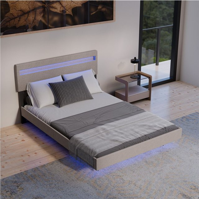 Juskys Schwebebett Lissabon in Beige mit integrierter LED-Unterbettbeleuchtung, B/T: 140 x 200 cm - Bild 1
