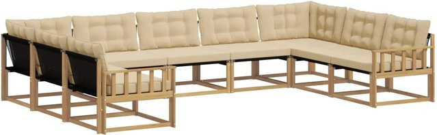 vidaXL Outdoor-Sofagarnitur 9-teilig aus Akazienholz mit Textilene und Kissen in Weiß und Beige - Bild 1