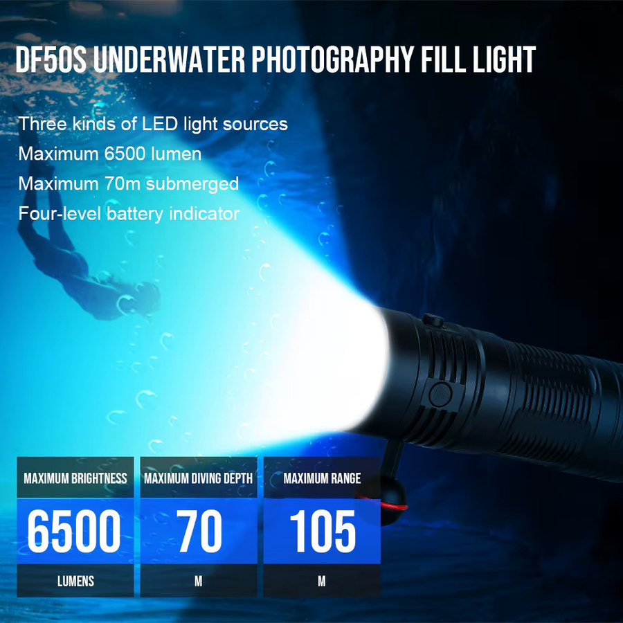 Trustfire DF50S Tauchtaschenlampe in Schwarz mit 6500lm, IP68 wasserdicht, USB-C-Ladefunktion und intelligenter Temperaturregelung - Bild 2