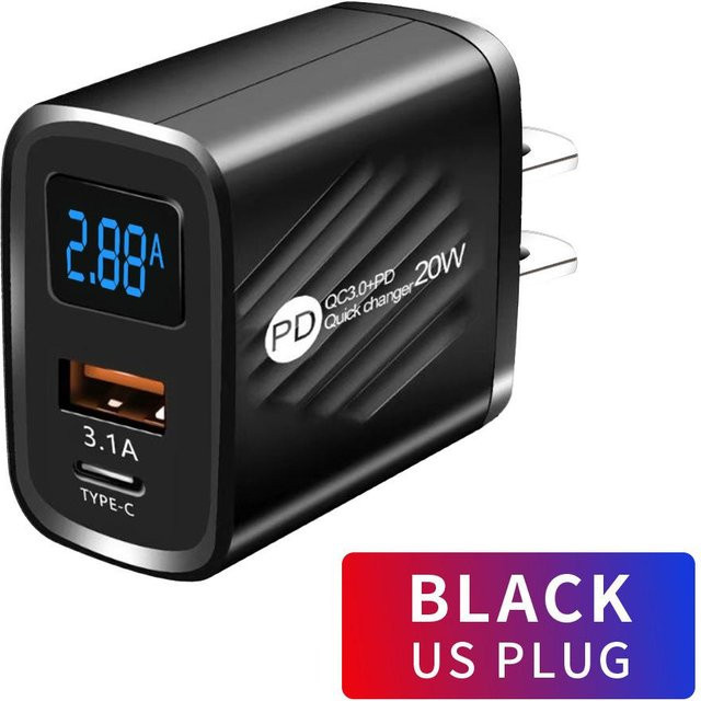 AlongChoice USB PD Ladegerät 20W mit Digital Display, USB-C Wandladegerät für iPhone, Samsung, Xiaomi und Huawei, US-Stecker, schwarz - Bild 1
