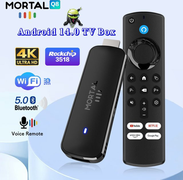 Mortal Q8 Android TV Stick Globale Version mit Sprachfernbedienung, Android 14, 8K und 4K Video, Wifi6, Schwarz - Bild 1