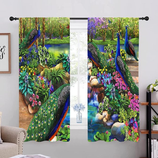 2-teiliges Set halbtransparente Vorhänge mit blauem Pfau und Blumenmuster in Blau und Multicolour, Breite: 70 cm, Höhe: 165 cm - Bild 1