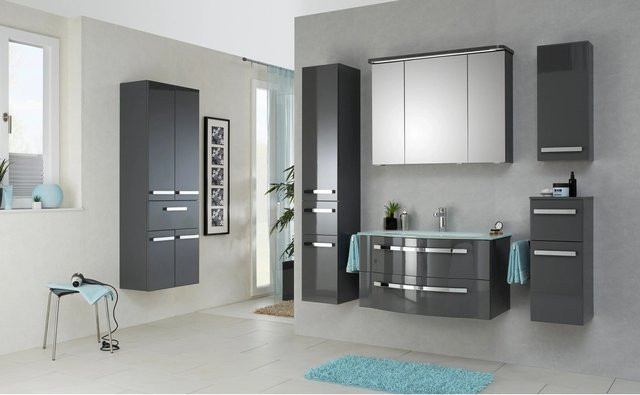 Pelipal Badmöbel-Set Serie 4005 3-tlg. in Steingrau Hochglanz mit Waschtischunterschrank, Glaswaschtisch und Spiegelschrank mit LED-Beleuchtung und Steckdose - Bild 1