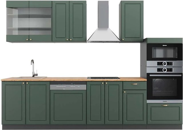 Vicco Fame-Line Küchenzeile im Landhausstil in Grün, Gold und Anthrazit mit Hochschrank, Breite: 300 cm - Bild 1