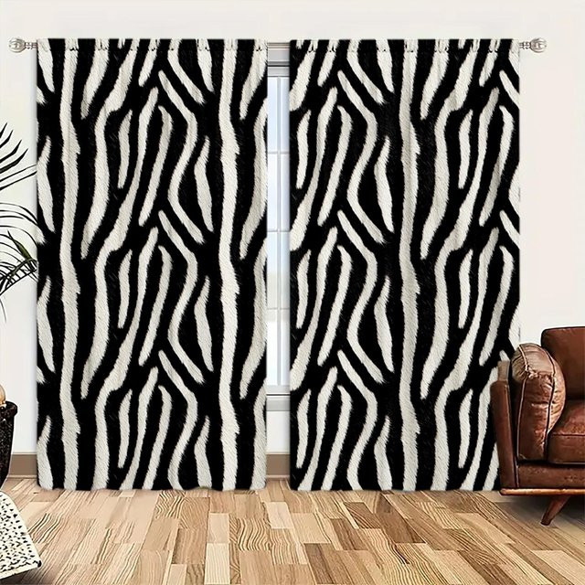 2er-Set Vorhänge mit Zebrastreifen-Print von Household supplies MH, schwarz, halbtransparent, Breite: 132 cm, Höhe: 160 cm - Bild 1