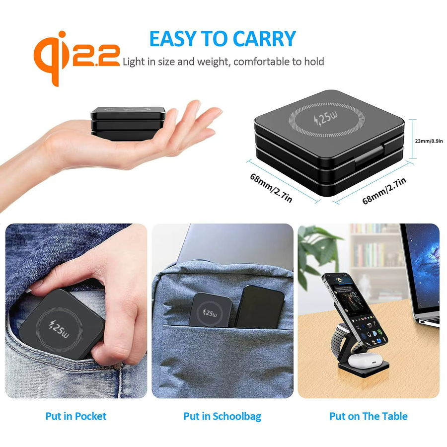 ILEPO 3-in-1 Magnetischer Qi2 Kabelloser Ladeständer 25W Faltbar für iPhone, Apple Watch und AirPods in Silber - Bild 4