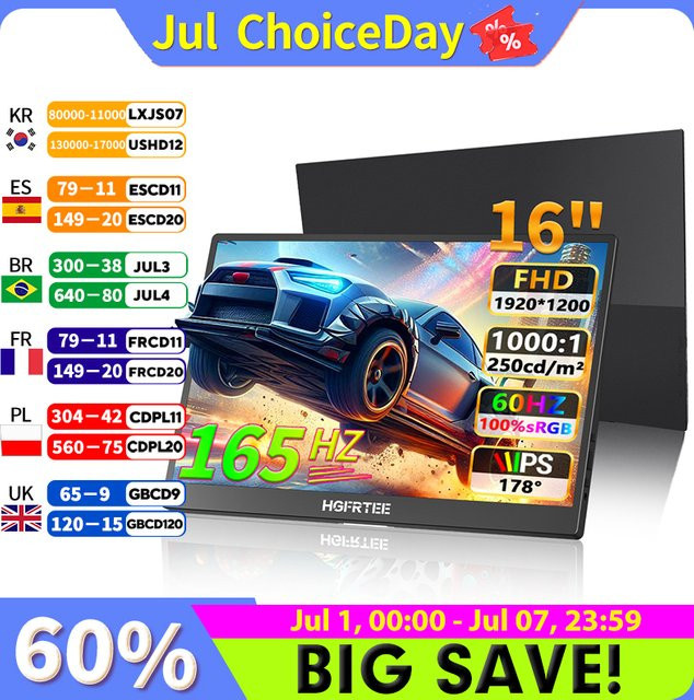 HGFRTEE Tragbarer 16-Zoll Monitor mit 165 Hz, 100 % sRGB, USB-C und HDMI, Schwarz, Kompatibel mit Laptop, Nintendo Switch, Xbox und PlayStation - Bild 1