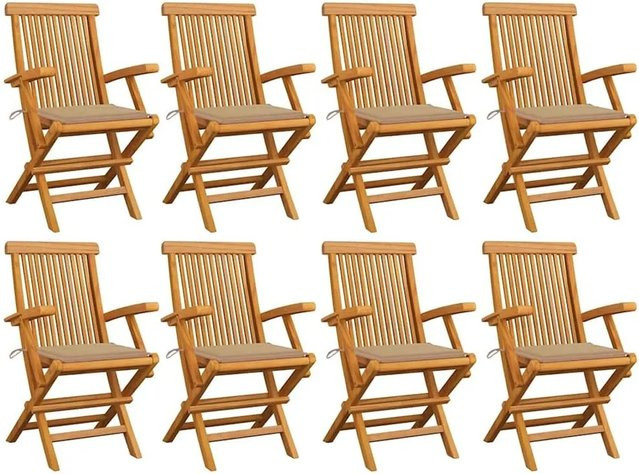 vidaXL Gartenstuhl-Set aus Teak-Massivholz mit beigen Polsterkissen, 8 Stück, Braun - Bild 1