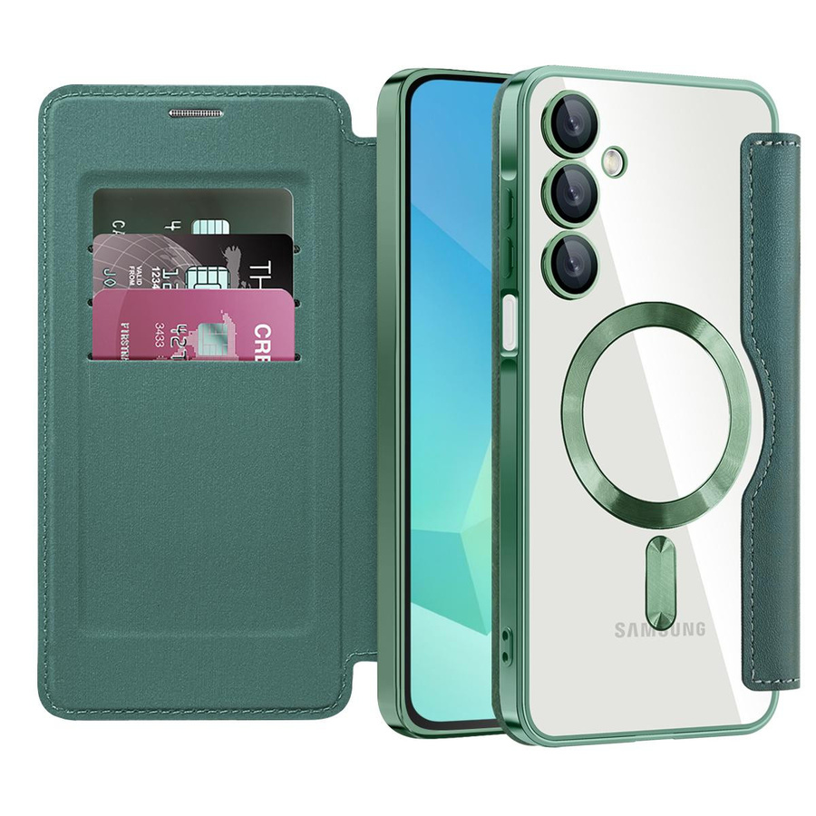 Magnetische Lederhülle für Samsung Galaxy A56 A55 A36 A35 A26 A15 A16 A05 A06 mit transparenter Kartenabdeckung und kabellosem Laden in Grün - Bild 2