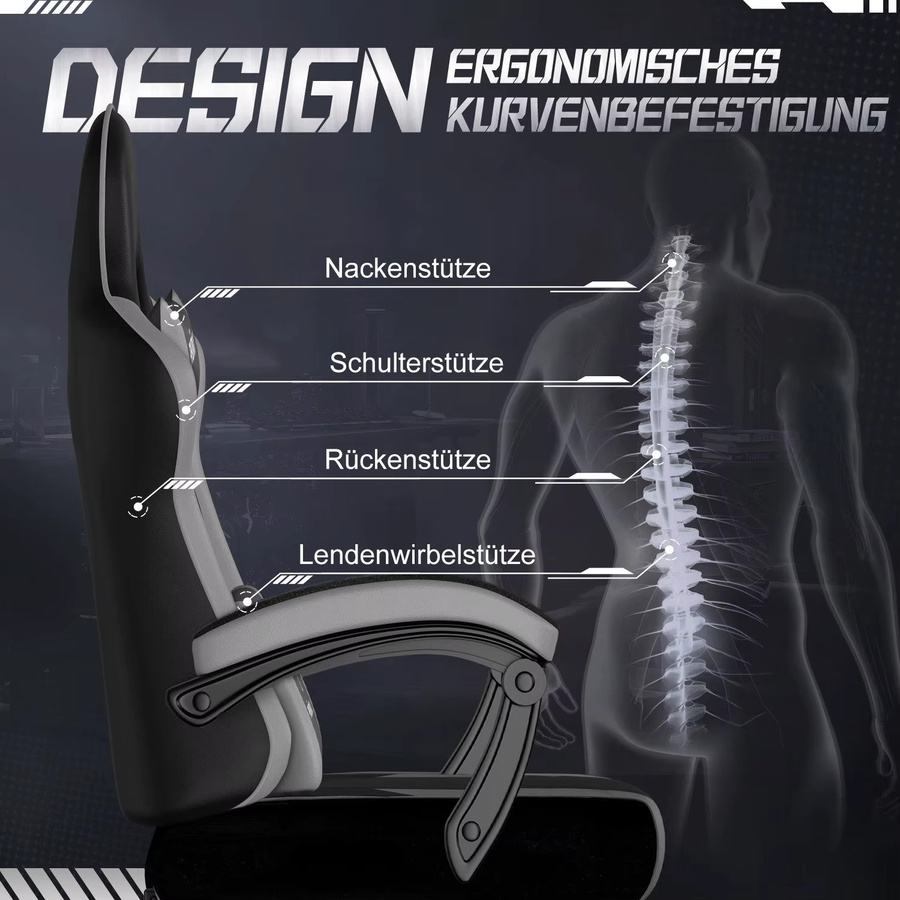 Hiazurm Gaming-Stuhl ergonomisch in Blau-Schwarz mit verstellbarer Kopfstütze, Lendenkissen und Armlehnen aus Kunstleder - Bild 2