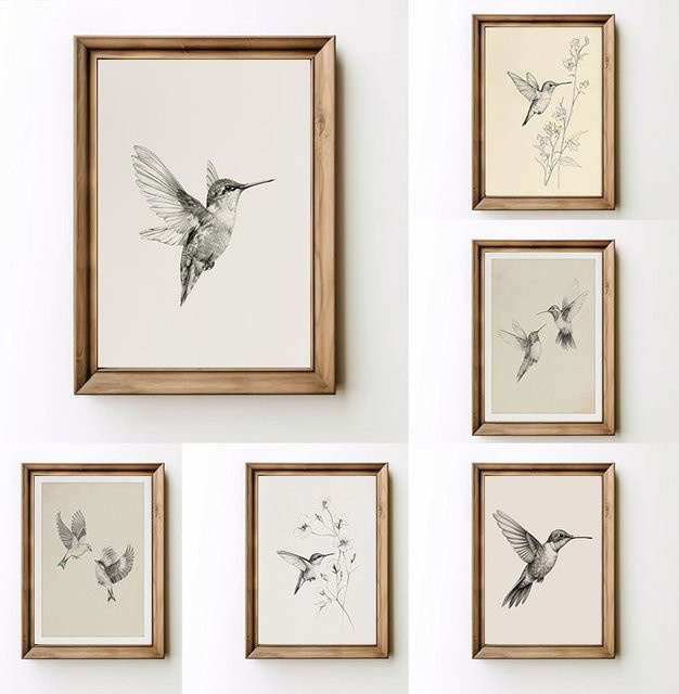 Potdemiel Wandkunst Leinwand mit minimalistischer Kolibri Skizze in Lila im Portraitformat - Bild 1