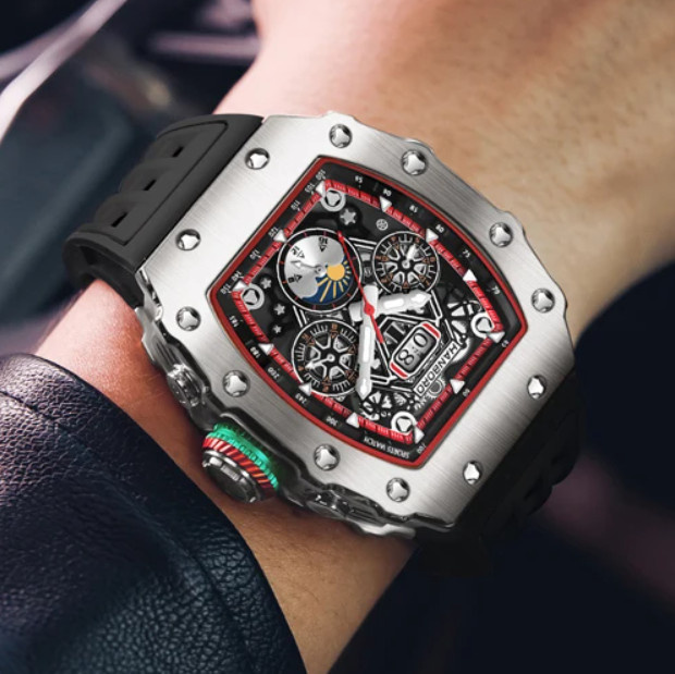 HANBORO Armbanduhr Automatik, Tonneau, Edelstahl, Silikon, Schwarz, Herren - Bild 1