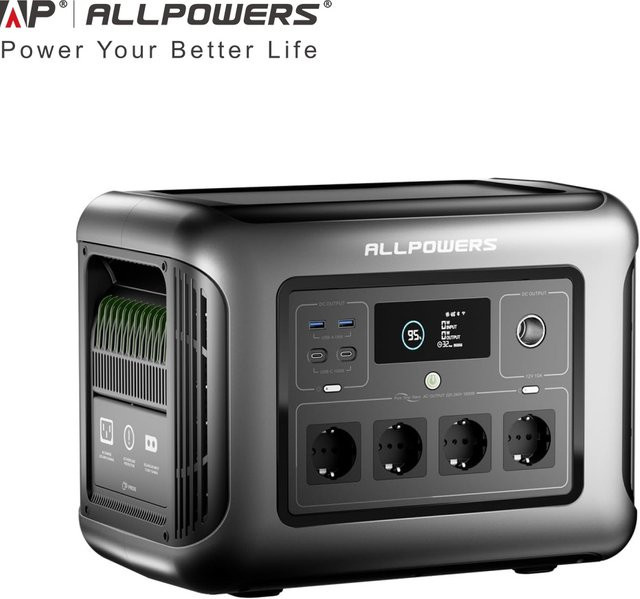 ALL POWERS R1500 LITE Tragbare Power Station mit 1056Wh, 1600W (3200W Spitzenleistung), LiFePO4-Akku und AC-Ausgang, Solar-Generator in Schwarz - Bild 1