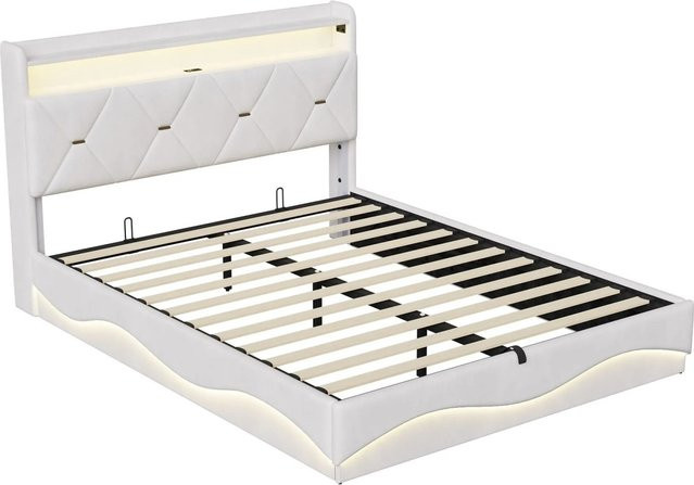 PXloue Polsterbett mit Stauraum und LED-Beleuchtung sowie USB-Anschluss in Beige, B/T/H: 140 x 200 x 45 cm - Bild 1
