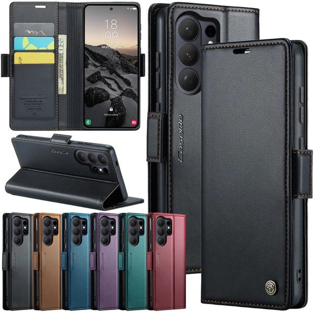 Samsung Business Leder Magnet Flip Hülle mit Ständerfunktion und kabellosem Laden für Galaxy S26 Ultra S25 Edge S24 FE S23 S22 Plus in Blau - Bild 1