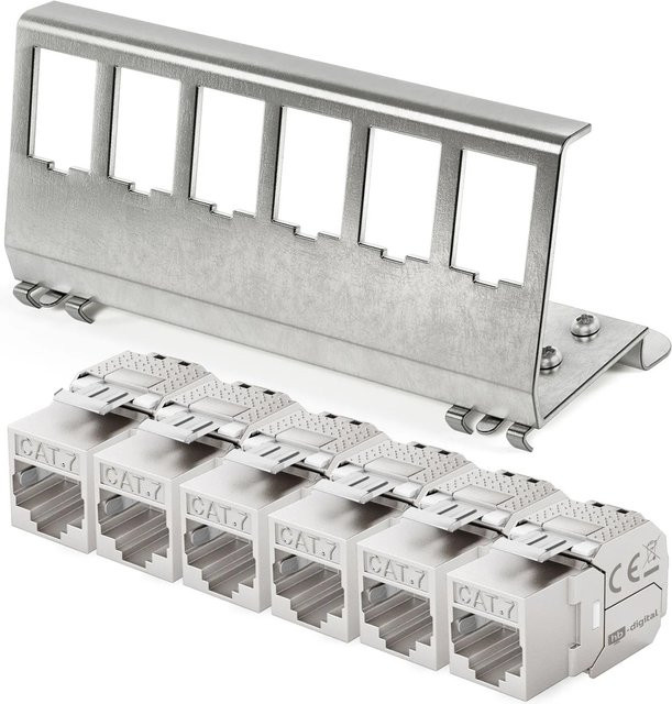 hb-digital Hutschienenadapter 6 Port mit CAT 7 Keystone Modul RJ46 in Silber für Ethernet LAN - Bild 1