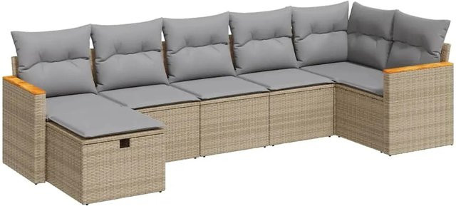 vidaXL 7-tlg. Garten-Sofagarnitur aus Polyrattan in Beige mit Kissen und Ottoman im L-Shape Design - Bild 1
