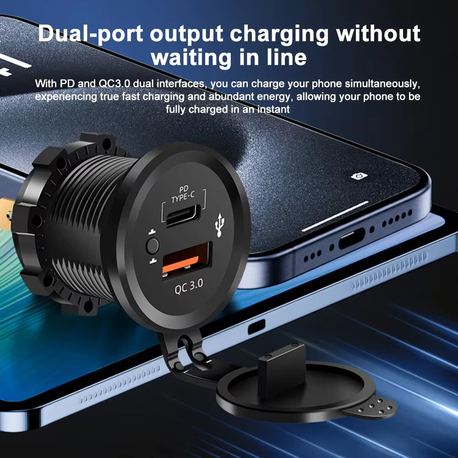 kebidumei Dual-USB-Steckdose 12/24V mit Tastenschalter, 40W QC3.0 & PD3.0 USB-C Autoladegerät in Schwarz für Wohnmobile, Motorräder, Boote und LKWs - Bild 5
