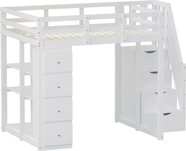 Merax Hochbett für Kinder aus Massivholz und MDF mit Schubladen und Treppe, Weiß, B/T/H: 200 x 140 x 123 cm - Bild 1
