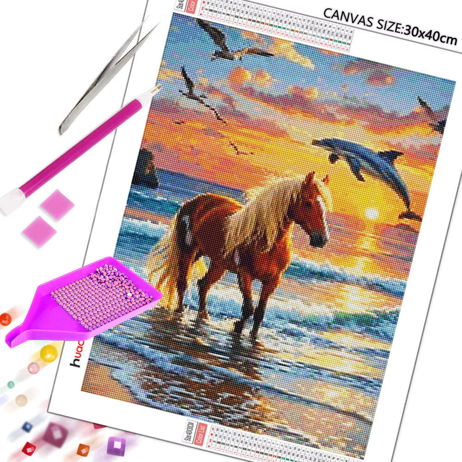 Huacan Volldiamantgemälde Pferd bei Sonnenuntergang als Diamant-Mosaik-Wandbild in Multicolour, B/H: 30,0 x 20,0 cm - Bild 2