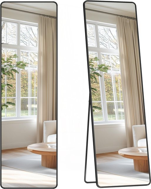 SONGMICS Ganzkörperspiegel mit Ständer in Schwarz, rechteckiger Spiegel aus Aluminiumlegierung und gehärtetem Glas, Höhe: 150 cm, Breite: 40 cm - Bild 1
